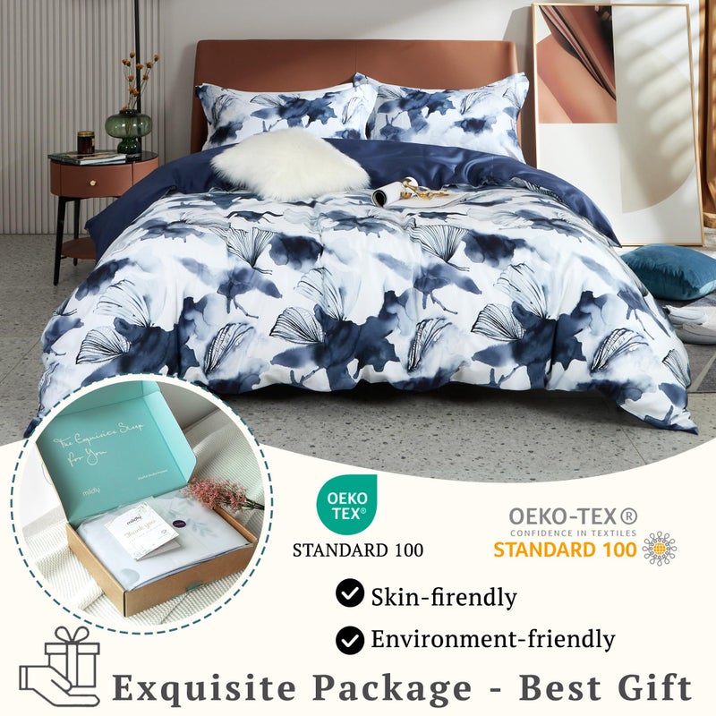 MILDLY Cotton Queen Duvet Cover Pillow Shams 3 Pieces Set Designed Blue Spring Floral Pattern Printed Bedding Set with Zipper Closure and Corner Ties (No Comforter) - Image 4